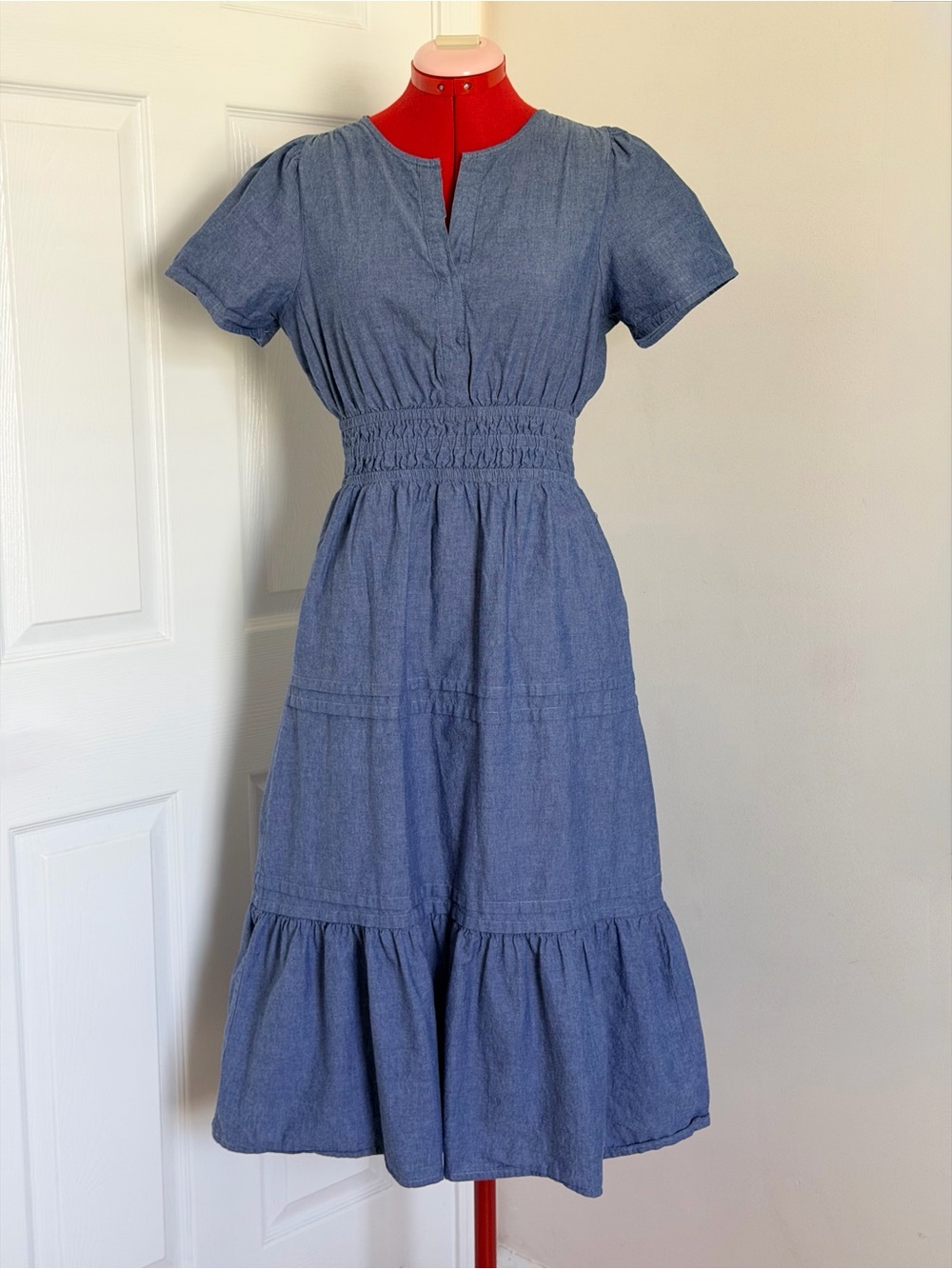 French Connection Chambray Maxi Dress Blue Denim Cotton Tiered Skirt S